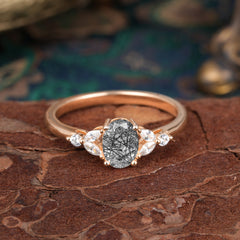 1 Carat 4 Prong Oval Cut Black Rutilated Quartz Ring Classic Side Stone Engagement Ring