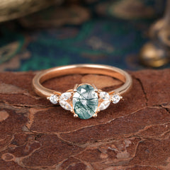 1 Carat Oval Cut Moss Agate Ring Classic Side Stone Engagement Ring