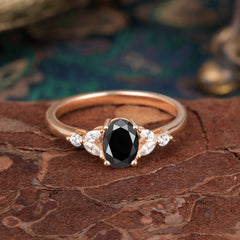 1 Carat Oval Cut Black Onyx Ring Classic Side Stone Engagement Ring
