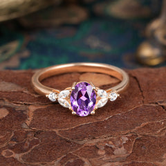 1 Carat Oval Cut 4 Prong Amethyst Ring Classic Side Stone Engagement Ring