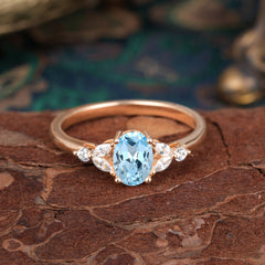 1 Carat Oval Cut 4 Prong Aquamarine Ring Classic Side Stone Engagement Ring