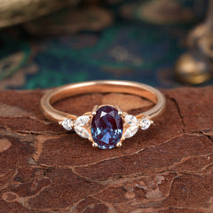 1 Carat Oval Cut 4 Prong Alexandrite Ring Classic Side Stone Engagement Ring
