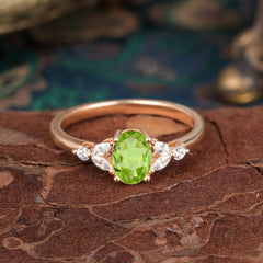 1 Carat 4 Prong Oval Cut  Peridot Ring Classic Side Stone Engagement Ring