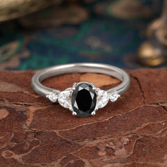 1 Carat Oval Cut Black Onyx Ring Classic Side Stone Engagement Ring
