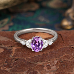 1 Carat Oval Cut 4 Prong Amethyst Ring Classic Side Stone Engagement Ring