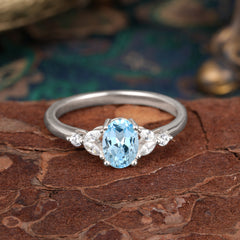 1 Carat Oval Cut 4 Prong Aquamarine Ring Classic Side Stone Engagement Ring