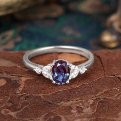 1 Carat Oval Cut 4 Prong Alexandrite Ring Classic Side Stone Engagement Ring