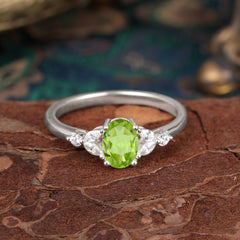 1 Carat 4 Prong Oval Cut  Peridot Ring Classic Side Stone Engagement Ring