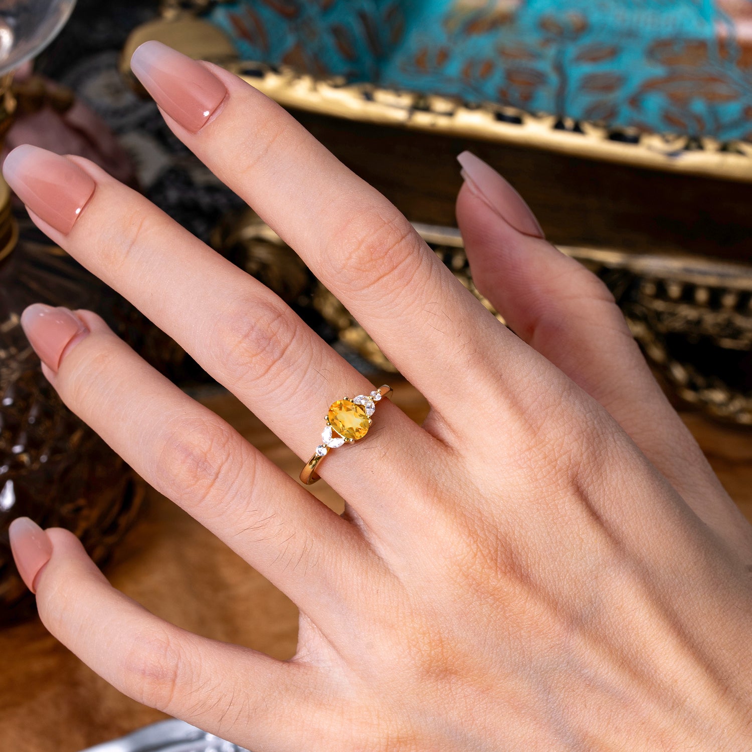 1 Carat 4 Prong Oval Cut Citrine Ring Classic Side Stone Engagement Ring