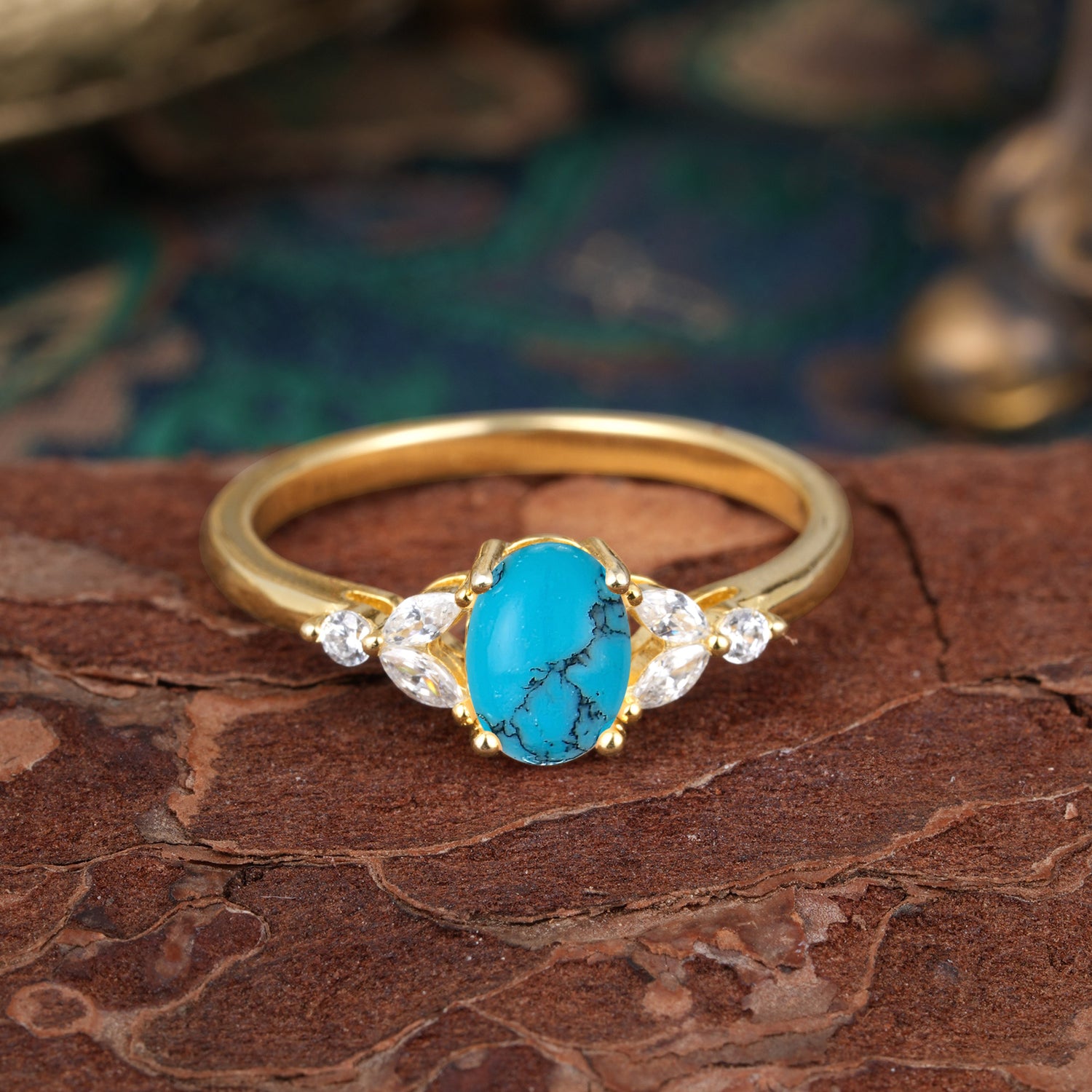 1 Carat Oval Cut Turquoise Ring Classic Side Stone Engagement Ring