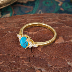 1 Carat Oval Cut Turquoise Ring Classic Side Stone Engagement Ring