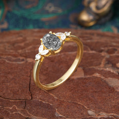 1 Carat 4 Prong Oval Cut Black Rutilated Quartz Ring Classic Side Stone Engagement Ring