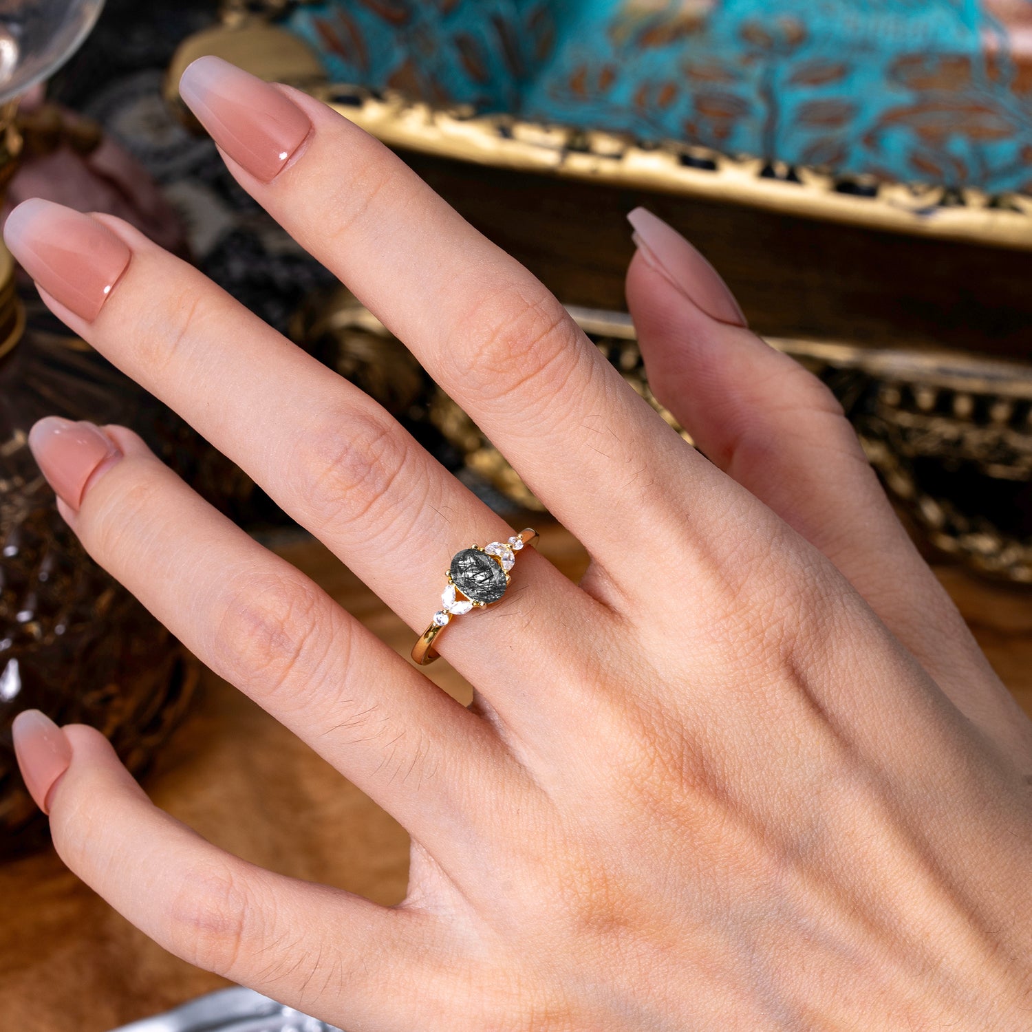 1 Carat 4 Prong Oval Cut Black Rutilated Quartz Ring Classic Side Stone Engagement Ring