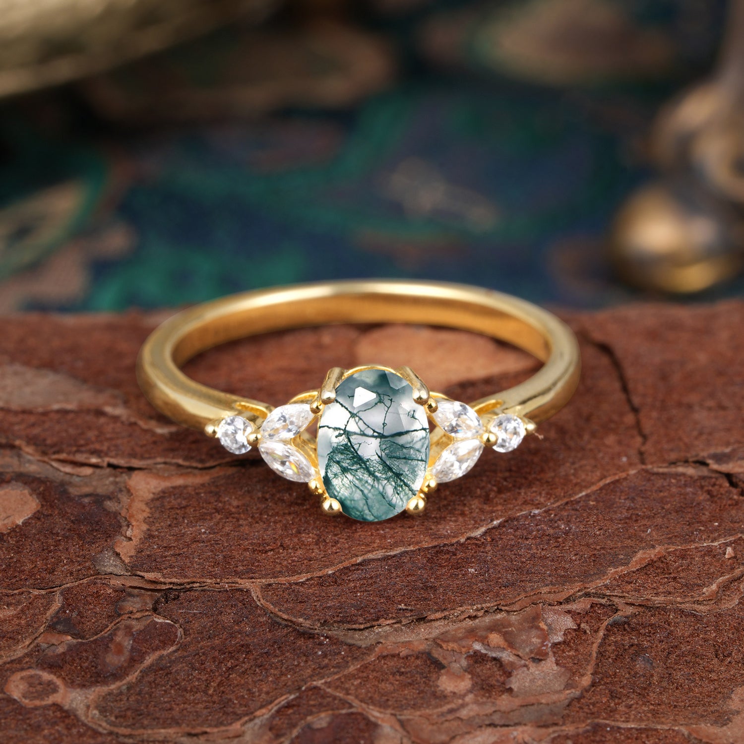 1 Carat Oval Cut Moss Agate Ring Classic Side Stone Engagement Ring