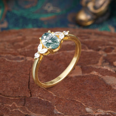 1 Carat Oval Cut Moss Agate Ring Classic Side Stone Engagement Ring