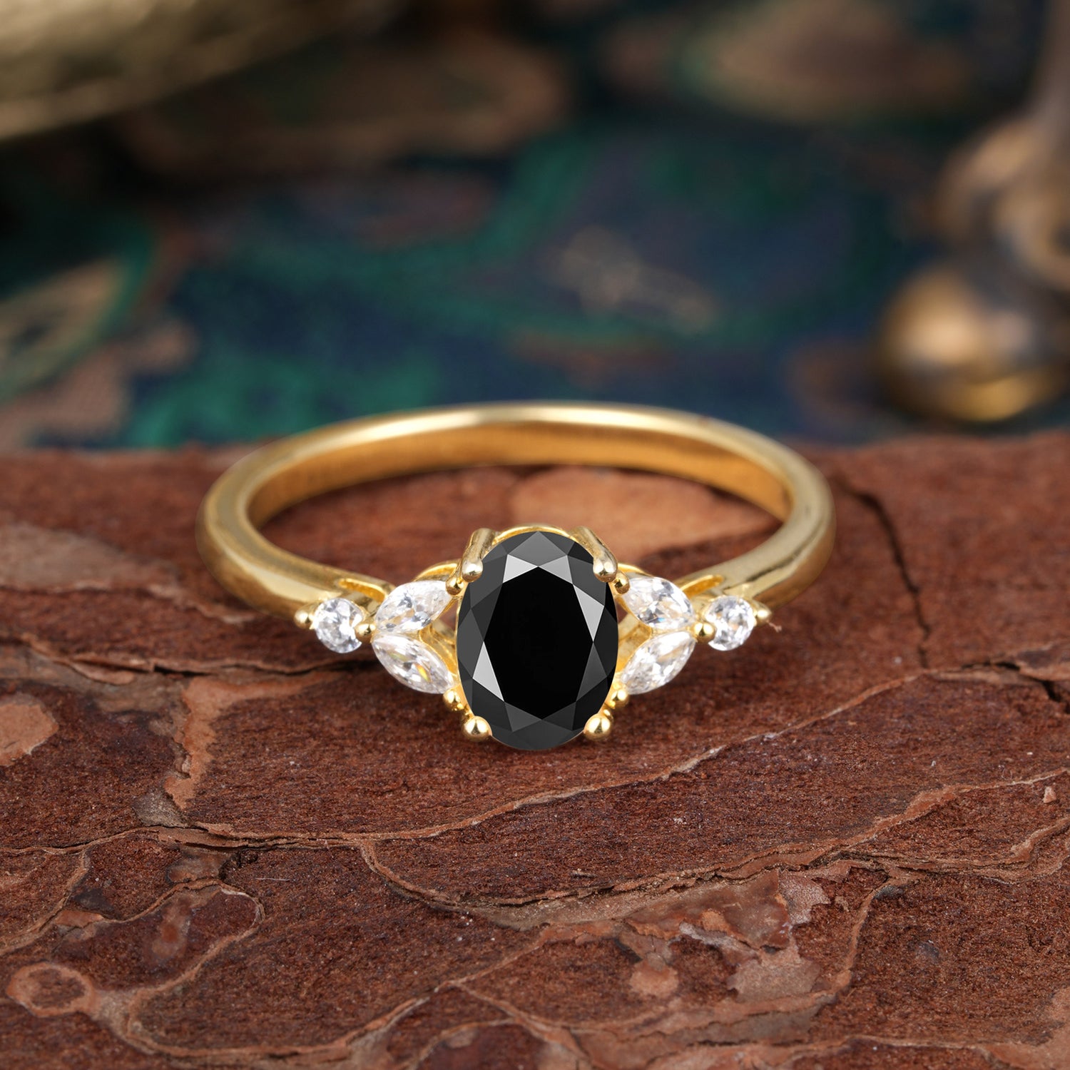 1 Carat Oval Cut Black Onyx Ring Classic Side Stone Engagement Ring - Romalar Jewelry
