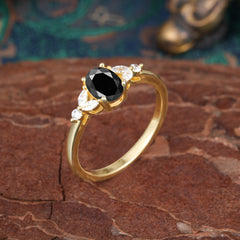 1 Carat Oval Cut Black Onyx Ring Classic Side Stone Engagement Ring