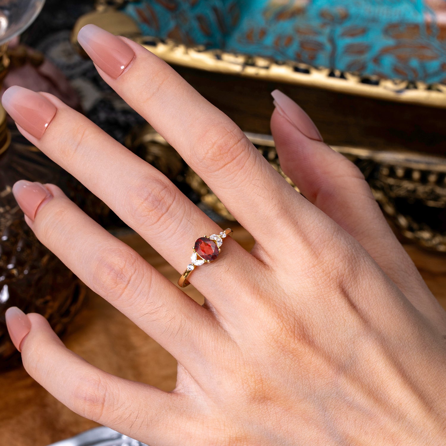 1 Carat Oval Cut 4 Prong Garnet Ring Classic Side Stone Engagement Ring