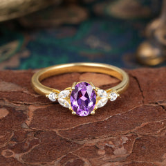 1 Carat Oval Cut 4 Prong Amethyst Ring Classic Side Stone Engagement Ring