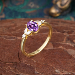 1 Carat Oval Cut 4 Prong Amethyst Ring Classic Side Stone Engagement Ring