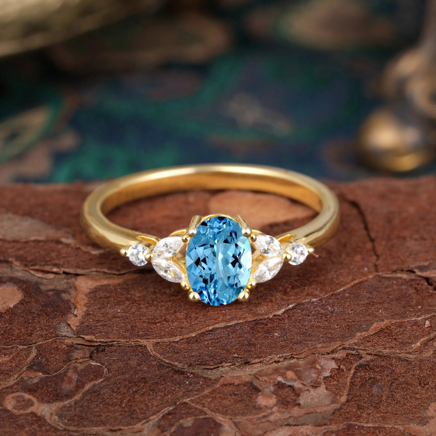 1 Carat Oval Cut 4 Prong Aquamarine Ring Classic Side Stone Engagement Ring