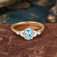 1 Carat Oval Cut 4 Prong Aquamarine Ring Classic Side Stone Engagement Ring