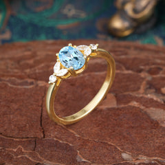 1 Carat Oval Cut 4 Prong Aquamarine Ring Classic Side Stone Engagement Ring