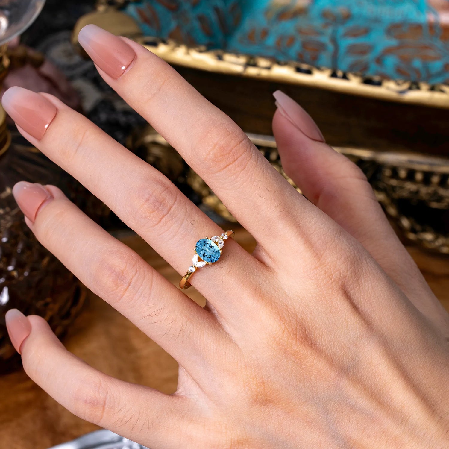 1 Carat Oval Cut 4 Prong Aquamarine Ring Classic Side Stone Engagement Ring