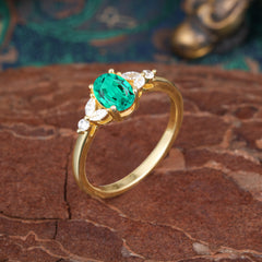 1 Carat Oval Cut 4 Prong Emerald Ring Classic Side Stone Engagement Ring