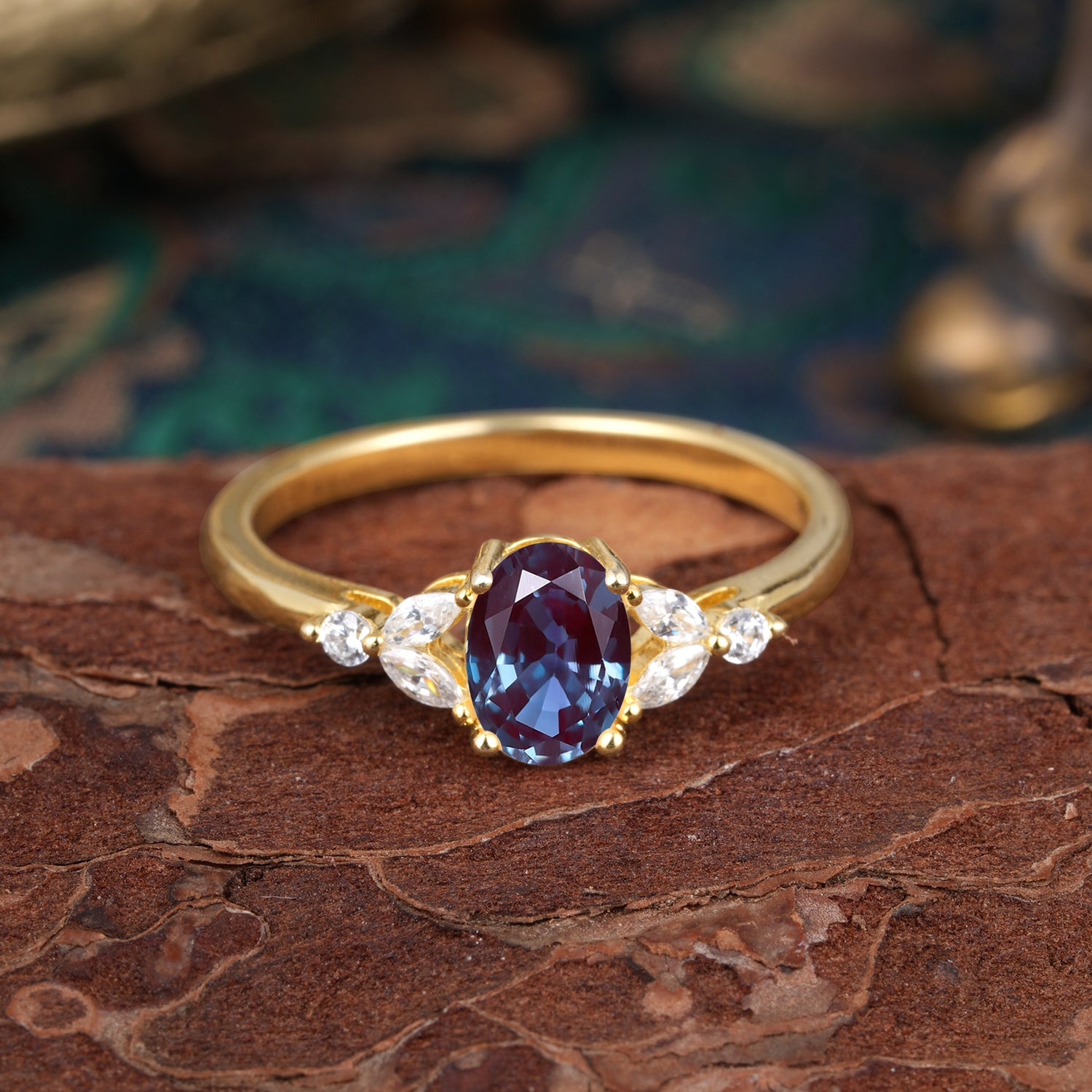 1 Carat Oval Cut 4 Prong Alexandrite Ring Classic Side Stone Engagement Ring