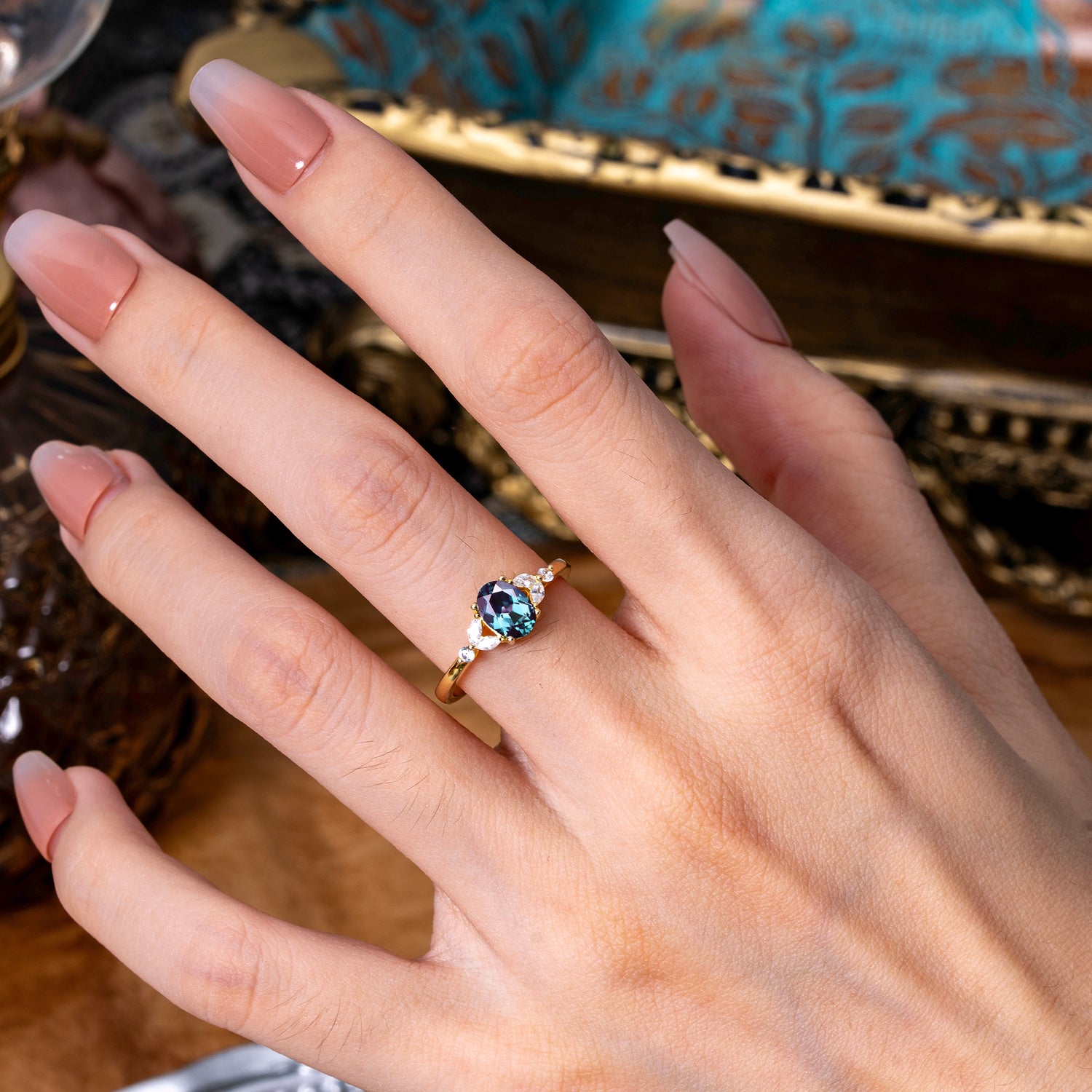 1 Carat Oval Cut 4 Prong Alexandrite Ring Classic Side Stone Engagement Ring