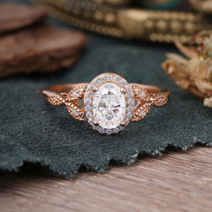1 Carat Oval Cut Moissanite Halo Ring Anniversary Bead Edge Unique Leaf Ring