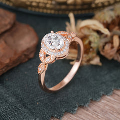 1 Carat Oval Cut Moissanite Halo Ring Anniversary Bead Edge Unique Leaf Ring