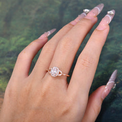 1 Carat Oval Cut Moissanite Halo Ring Anniversary Bead Edge Unique Leaf Ring