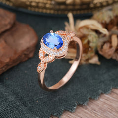 1 Carat vintage 4 Prong Oval Cut Sapphire Halo Ring Anniversary Bead Edge Unique Leaf Ring