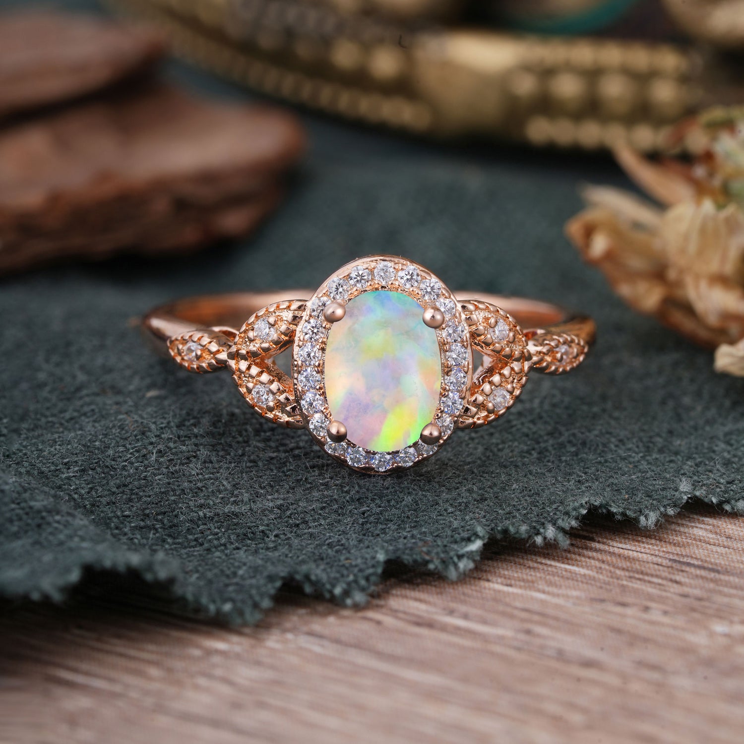 1 Carat Oval Cut Opal Halo Bead Edge Unique Leaf Engagement Ring
