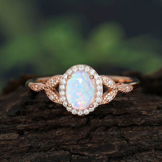 1 Carat Oval Cut Opal Halo Ring Anniversary Bead Edge Unique Leaf Ring 1500