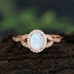 1 Carat Oval Cut Opal Halo Ring Anniversary Bead Edge Unique Leaf Ring