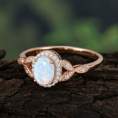 1 Carat Oval Cut Opal Halo Ring Anniversary Bead Edge Unique Leaf Ring