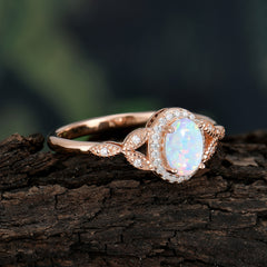 1 Carat Oval Cut Opal Halo Ring Anniversary Bead Edge Unique Leaf Ring