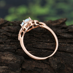 1 Carat Oval Cut Opal Halo Ring Anniversary Bead Edge Unique Leaf Ring