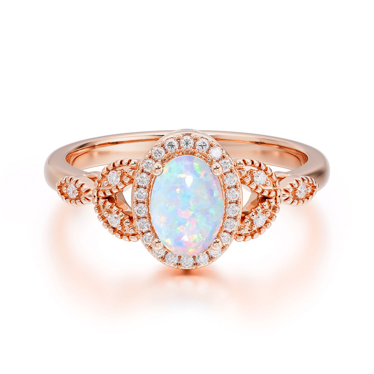 1 Carat Oval Cut Opal Halo Ring Anniversary Bead Edge Unique Leaf Ring
