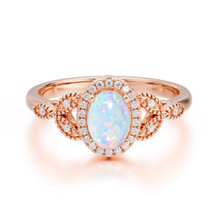 1 Carat Oval Cut Opal Halo Ring Anniversary Bead Edge Unique Leaf Ring