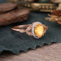 1 Carat Oval Cut Citrine Halo Ring Anniversary Bead Edge Unique Leaf Ring