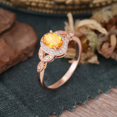 1 Carat Oval Cut Citrine Halo Ring Anniversary Bead Edge Unique Leaf Ring