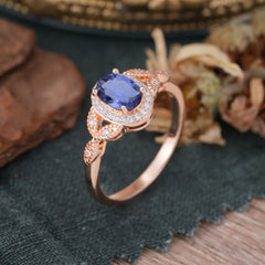 1 Carat Oval Cut Tanzanite Halo Ring Anniversary Bead Edge Unique Leaf Ring