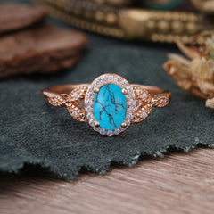 1 Carat Oval Cut Turquoise Halo Ring Anniversary Bead Edge Unique Leaf Ring