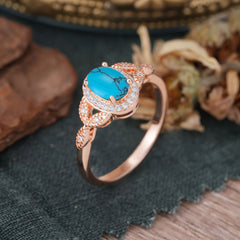 1 Carat Oval Cut Turquoise Halo Ring Anniversary Bead Edge Unique Leaf Ring