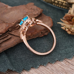1 Carat Oval Cut Turquoise Halo Ring Anniversary Bead Edge Unique Leaf Ring