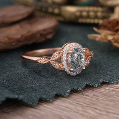 1 Carat Oval Cut Black Rutilated Quartz Halo Ring Anniversary Bead Edge Unique Leaf Ring
